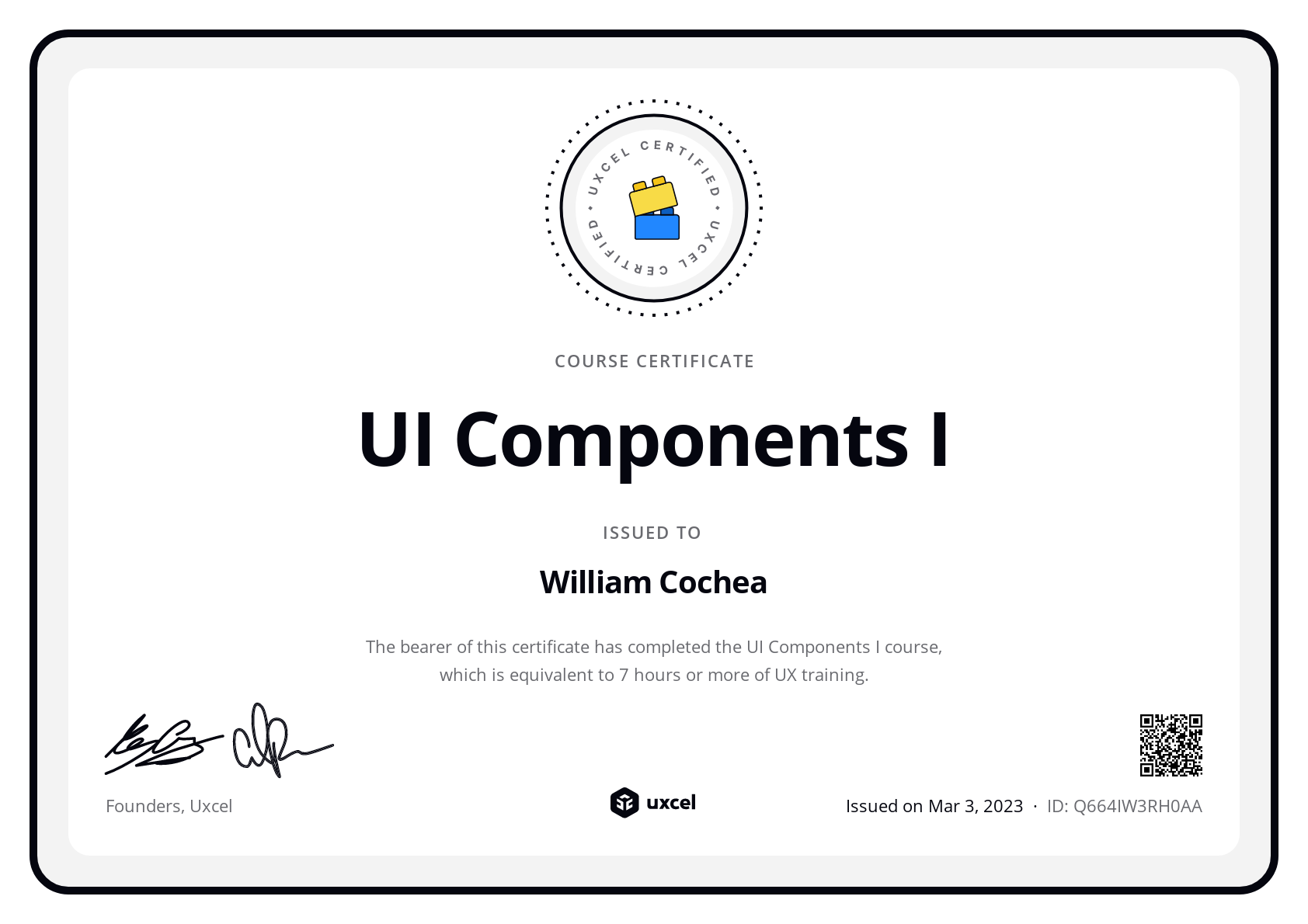 William Cochea's certificate